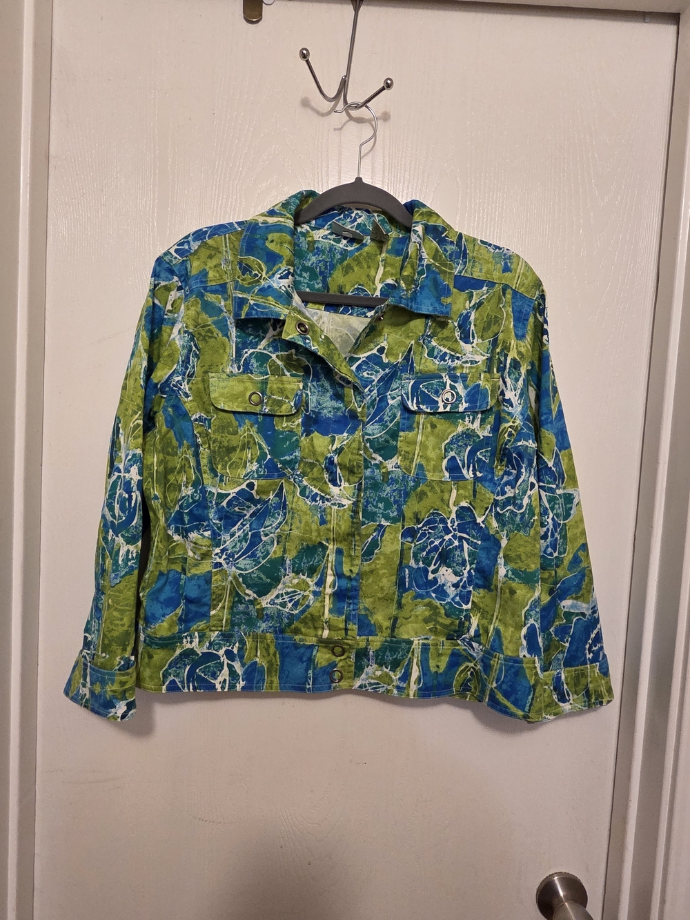 Chico's Blue and Green Printed Button-Down Shirt Jacket
